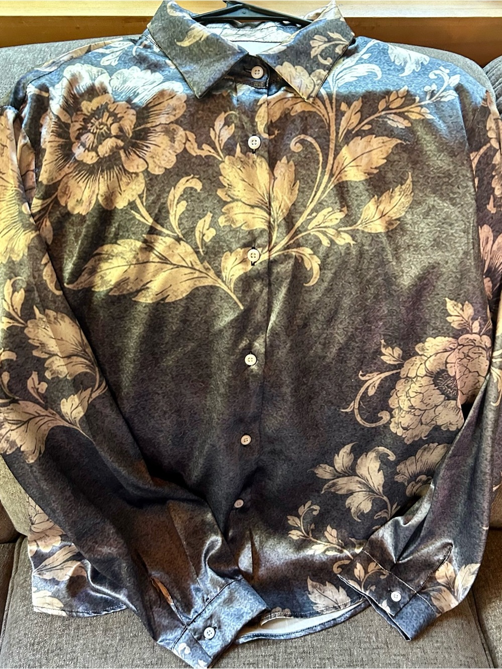 Women's Black and Tan Floral Button-Down Shirt